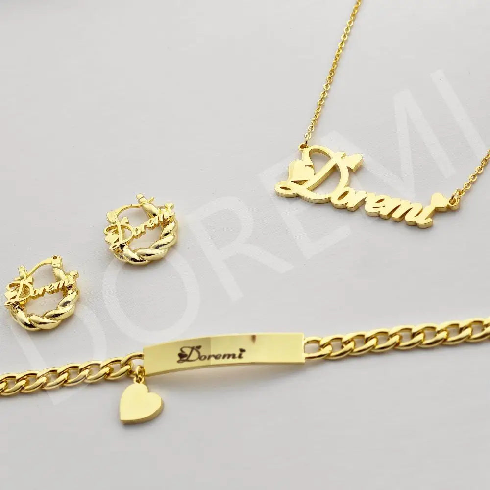 DOREMI Girls Kids Jewelry Set Custom Name Heart Font Necklace Engrave Bracelet 18mm Earring Women Personalized Kids Jewelry